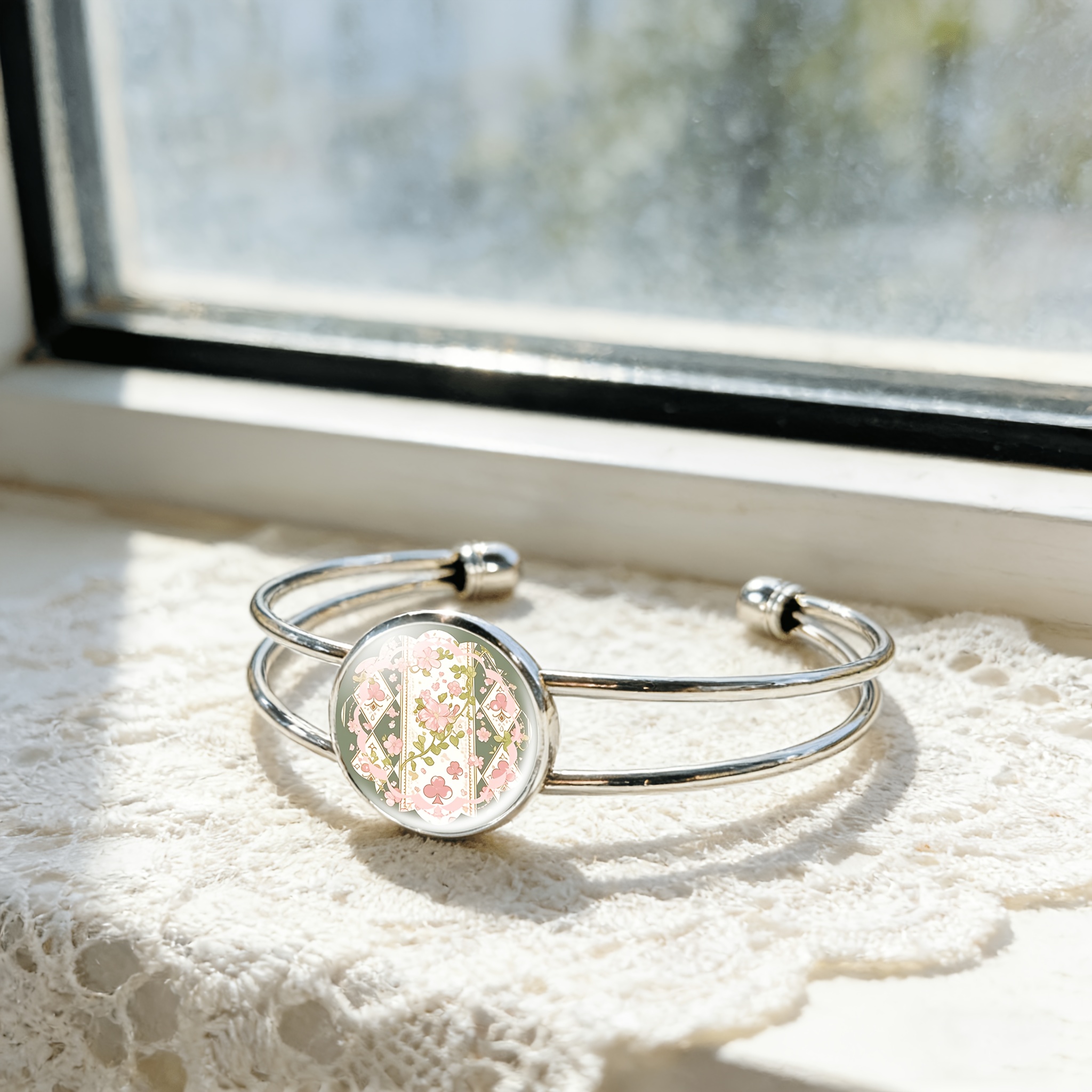 Adjustable Open Bangle with Round Time Gemstone Inlay, Floral Design